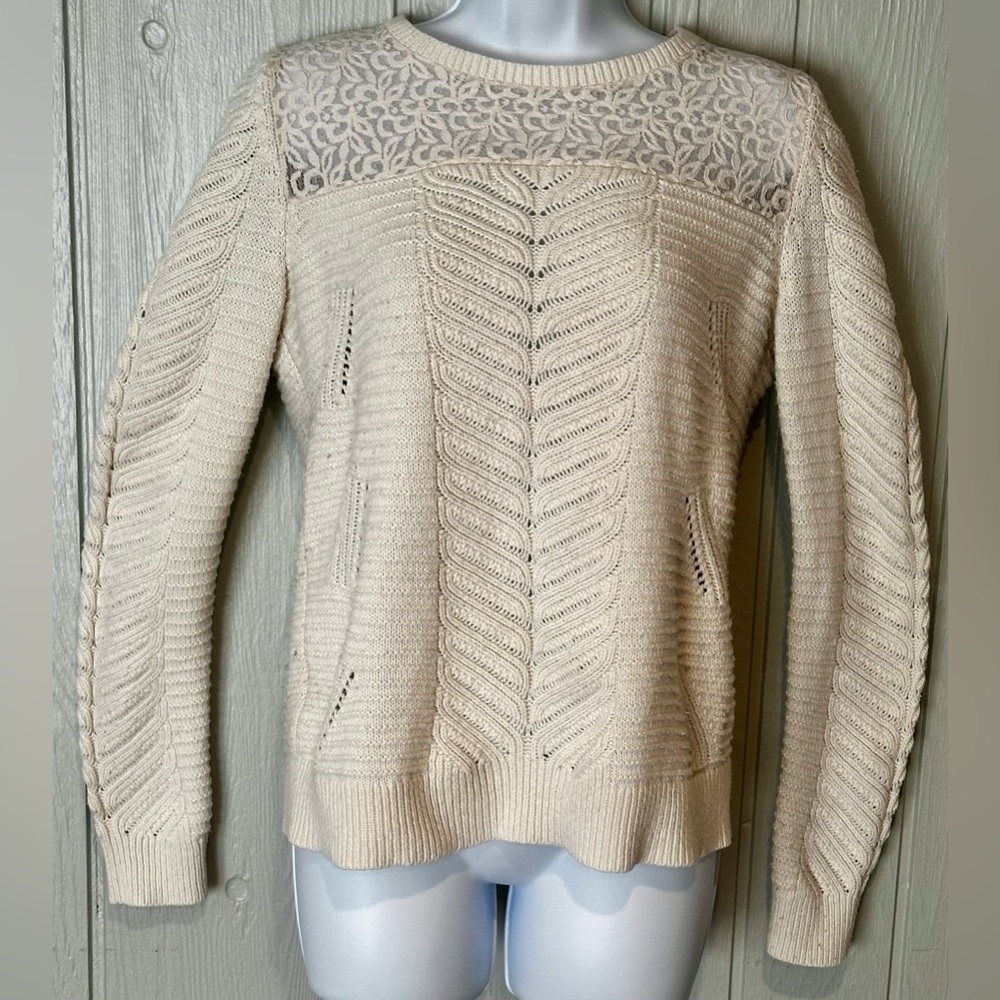 LOFT Cream Knit Sweater with Lace Detail